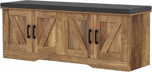 2-Tier Storage Bench, Shoe Bench with Padded Seat Cushion, Entryway Bench with 4 Barn Doors, Adjustable Shelf, 13.8" D x 47.2" W x 17.7" H, for Entryway, Living Room, Bedroom, Rustic Walnut-NeatNest