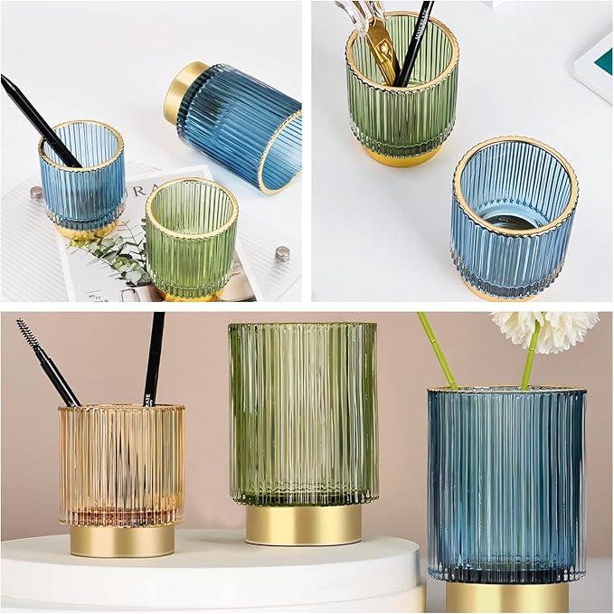 DASITON Makeup Brush holder Organizer,Crystal Cosmetic Makeup Brush Glass Brushes Storage Holder, Vintage Make Up Brush Cup Pen Pencil Holder striped vase(Blue S+L)-NeatNest