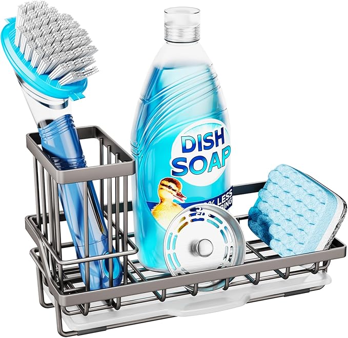 Consumest Sponge Holder for Kitchen Sink, Sink Caddy Organizer with Removable Drip Tray, Countertop Dish Soap Holder and Brush Holder, 304 Stainless Steel - Sand Nickel-NeatNest