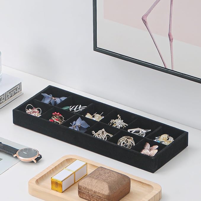 2Pcs Desk Drawer Storage Tray, Nightstand Organizer Tray, Necklace Bracelet Ring Earring Jewelry Display Tray, Grid Table Organizer Holder Tray for Sunglass, Phone, Watch, Perfume (12 grid)/Black-NeatNest