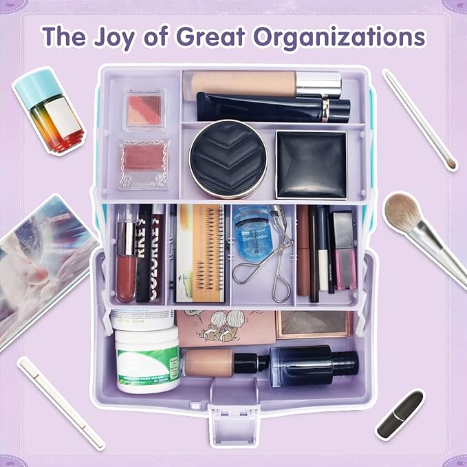 12in Three-Layer Multipurpose Storage Box Organizer Folding Tool Box/Art & Crafts Case/Sewing Supplies Organizer/Medicine Box/Family First Aid Box with 2 Trays (Purple Blue)