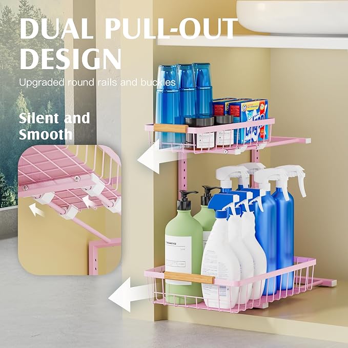 Under Sink Organizers, 2 Pack Kitchen Bathroom cabinet organizer, 2 Tier under bathroom kitchen sink organizer, Height Adjustable Bathroom Organizers and Storage, Pink-NeatNest