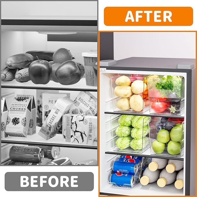 6 Pack Plastic Clear Bins for Organizing- With Handle -11″ Large Pantry Organizer Bins for Shelves Snack,Food or Cleaning Supplies,Fridge Organizers and Storage,Acrylic Kitchen Storage Containers