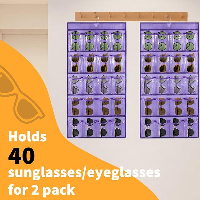 2 Pcs Sunglasses Organizer Storage Sunglass Holder for Wall Hanging Eyeglass Organizer for Multiple Glasses with 40 Clear Slots (PURPLE)-NeatNest