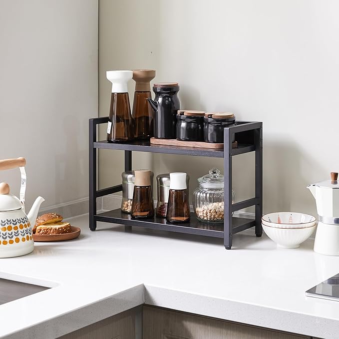 IBUYKE 2-Tier Spice Rack Industrial Counter Shelf Desktop Storage Organizer Standing Seasoning Rack for Countertop Kitchen Office Living Room Desktop Black UTLJ002B-NeatNest