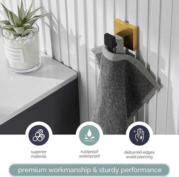 Angle Simple Towel Hook Black & Gold, 304 Stainless Steel Square Robe Bathroom Hook for Wall