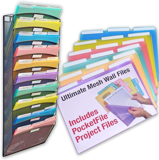 Ultimate Office Mesh Wall File Organizer, 10 Tier Vertical Mount Hanging File Sorter. Multipurpose Display Rack Includes 18, 3rd Cut PocketFile Clear Document Folder Project Pockets (Black)