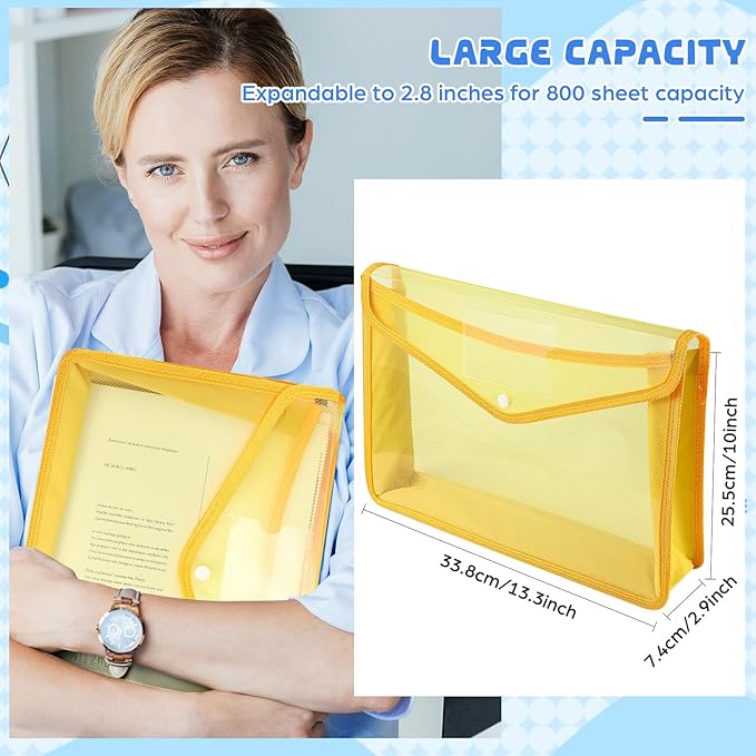 4 Pack A4 Expanding Plastic File Folders Waterproof Document Organizer with Snap Button Multiple Pockets, Office Home Office Storage (Yellow)
