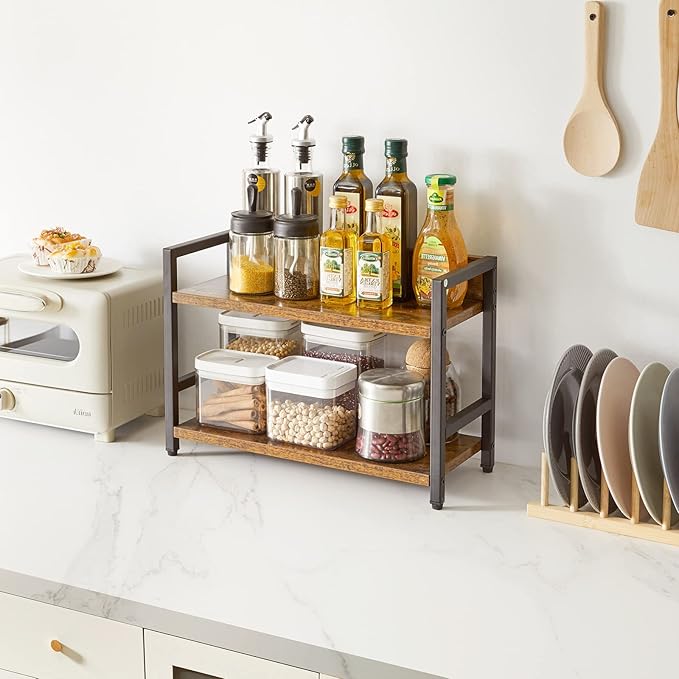 IBUYKE 2-Tier Spice Rack Industrial Counter Shelf Desktop Storage Organizer Standing Seasoning Rack for Countertop Kitchen Office Living Room Desktop Rustic Brown UTLJ002H-NeatNest