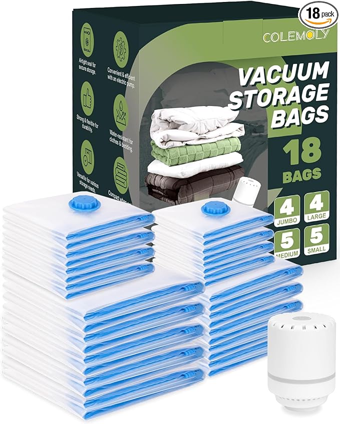 Colemoly Vacuum Storage Bags 18 Pack Space Saver Bag Vacuum Seal Bags for Clothing Travel Moving Blankets Pillows Storage and Organization (5 Jumbo/ 5 Large/ 4 Medium/ 4 Small)-NeatNest