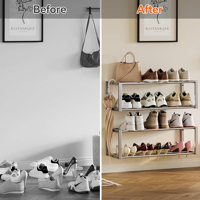 Homeiju Hanging Shoe Organizer,2 Pack Wall Mounted Shoe Rack Holds 12 Pairs,Space Saving Metal Wall Shoe Rack,Hanging Shoe Rack Shoe Holder for Small Space,Entryway,Closet,RV,Camper (Silver)-NeatNest