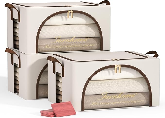 Furnhome 3 pack Clothes Storage Bins with metal Frame, sweater storage for closet, Stackable Storage bins for clothes, Foldable Clothing Storage bins with Cedar Blocks& Windows&Zippers|24L-Light Grey