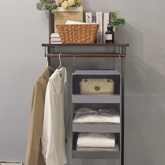 GRANNY SAYS 3-Shelf Closet Organizers and Storage, Foldable Hanging Closet Organizer, Hanging Closet Shelves with 2 Metal Hooks, Leak-Proof Closet Hanging Organizer for Locker & Camper, Gray, 2-Pack-NeatNest