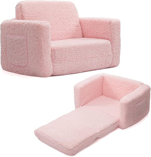 ALIMORDEN 2-in-1 Flip Out Cuddly Sherpa Toddler Couch Convertible Sofa to Lounger, Pink-NeatNest