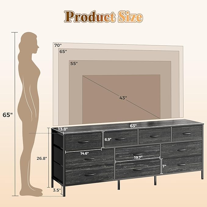 Huuger 63 Inch Dresser for Bedroom, Long Dresser with 10 Fabric Drawers, Large TV Stand for 55, 65, 70 Inch TV, Toy Storage Organizer for Closet, Charcoal Black Wood Grain Print-NeatNest