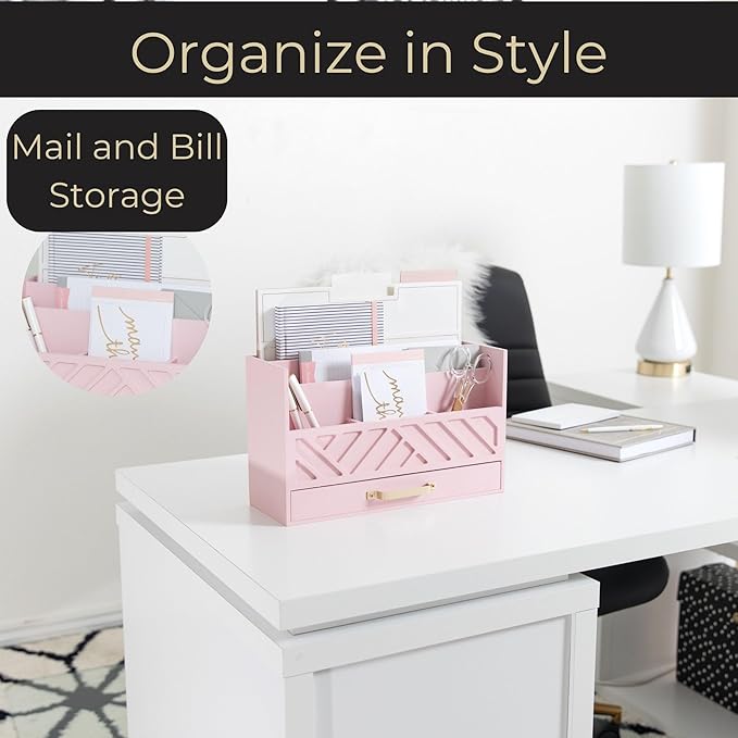 BLU MONACO Pink Wooden Desk Organizer with Storage Drawer and Gold Handle – Cute Office Supplies Holder – Mail Storage for Desktop at Home, Office, or Workspace-NeatNest