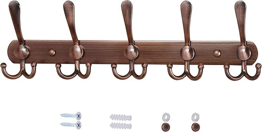 Dseap Wall Mounted Coat Rack - 5 Tri Hooks, Heavy Duty, Stainless Steel, Metal Coat Hook Rail for Coat Hat Towel Purse Robes Mudroom Bathroom Entryway,Antique Copper-NeatNest