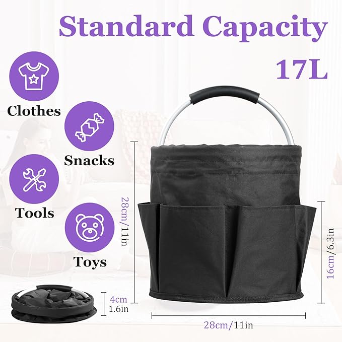 17L Cleaning Caddy with Handle and 6 Pockets, Foldable Cleaning Supply Caddy, Portable Shower Caddy in 600D Oxford Fabric, Multifunctional Storage Basket for Camping, Gardening, Black-NeatNest