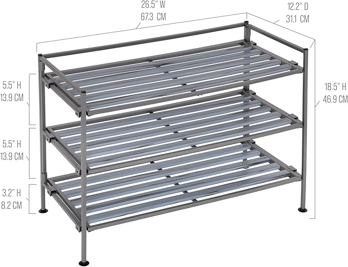 Seville Classics Sturdy Freestanding Storage Shelf for Bedroom, Closet, Entryway, Dorm Room Organizer Stackable Durable Metal Shoe Rack Silver Mist Slat, 3-Tier-NeatNest
