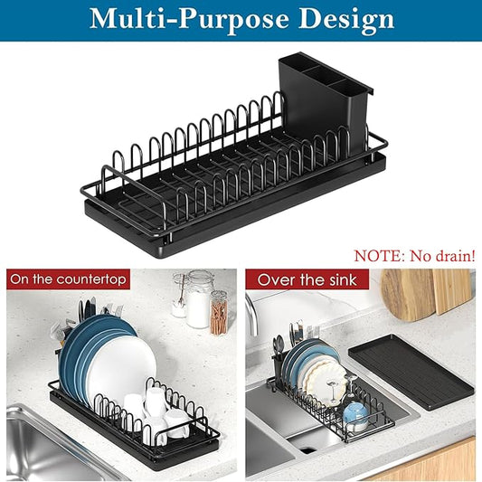 Compact Dish Rack Sink Drying Rack with Silicone Mat, Stainless Steel Dish Drainer for Kitchen Sink Cabinet, Kitchen Sink Rack,Dish Holder, Black-NeatNest