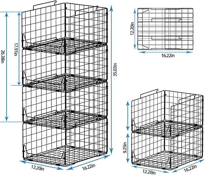 Stackable Closet Organizers and Storage Bins 4 Pack, Sturdy Metal Clothes Storage Container for Clothes Pants Sweaters, Black Folded Drawer Shelf Organizer for Closet Wardrobe