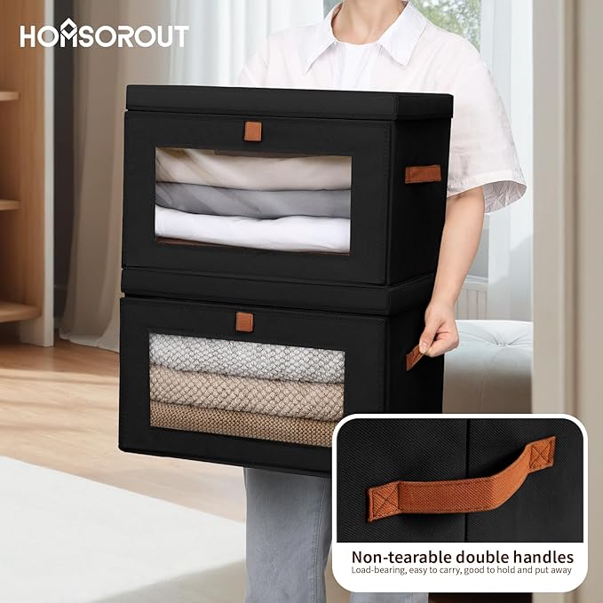 Collapsible Storage Bins - Large Stackable Organizer Bins, Decorative Boxes with Handles & Window, Fabric Containers for Living Room, Closet, Dorm, 6 Pack, Black-NeatNest