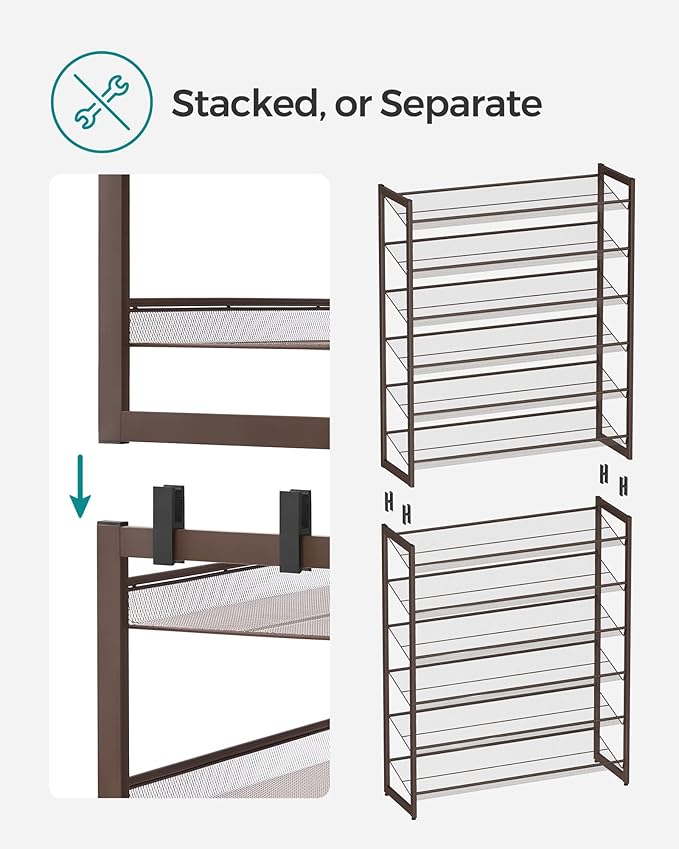SONGMICS Shoe Rack, 12-Tier Shoe Organizer, Metal Rack for Garage, Set of 2, 6-Tier Stackable Shelf, with Adjustable Flat or Angled Shelves, Holds 48-60 Pairs, Bronze ULMR12A-NeatNest