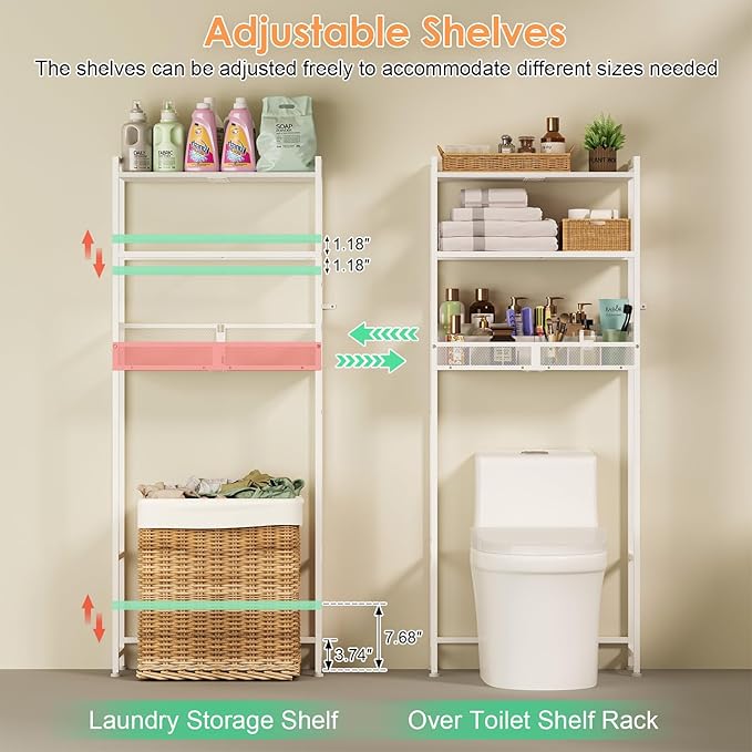 3-Tier Over The Toilet Storage Shelf, Metal Over Toilet Bathroom Organizer with Dividers, Freestanding Bathroom Space Saver Rack with Adjustable Shelf & Feet, White
