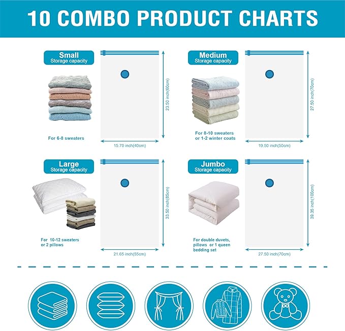 10 Pack Vacuum Storage Bags, Space Saver Bags (2 Jumbo/2 Large/3 Medium/3 Small) Compression Storage Bags for Comforters and Blankets, Vacuum Sealer Bags for Clothes Storage, Hand Pump Included-NeatNest