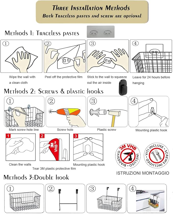 Wire Storage Basket 2 Packs, Wall Mounted Kitchen Bathroom, Hanging Cabinet Door Storage Basket, no Drilling, Supporting 2 Types of Hooks, Strong Bearing, Suitable for Home, Black