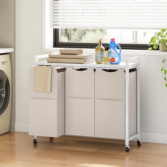 HOOBRO Laundry Sorter 3 Section, Laundry Hamper with Wheels, 3 × 11.5 Gal (43.4L), Rolling Laundry Basket, Pull-Out and Removable Oxford Fabric Bags, White WG76XY01-NeatNest