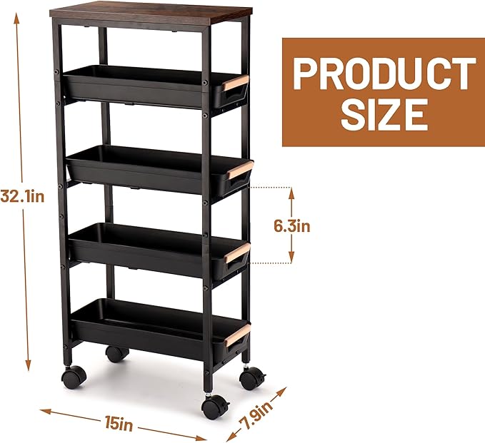 Slim Storage Cart, 5-Tier Narrow Rolling Kitchen Laundry Room Cart with Drawer and Wheels, Metal Utility Cart Slide Out Organizer for Small Spaces (Black)