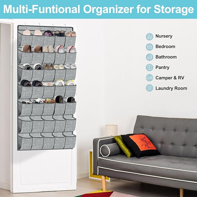 35 Pockets Over the Door Shoe Organizer, Hanging Door Shoe Rack for Closet, Large Shoe Storage Holder Zapateras Organizer for Shoes (Grey)-NeatNest