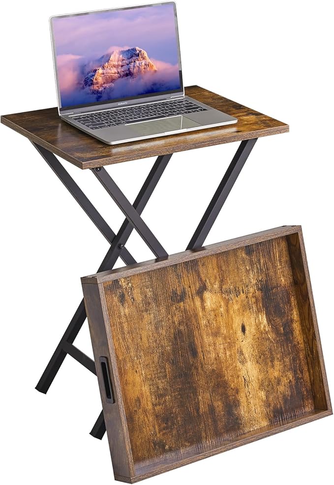 IBUYKE Foldable TV Tray Set of 2 TV,End Table with Removable Food Serving Tray,Portable Wooden Snack Table for Livingroom, Bedroom, Office, Camping,Rustic Brown, UTVT001H-NeatNest