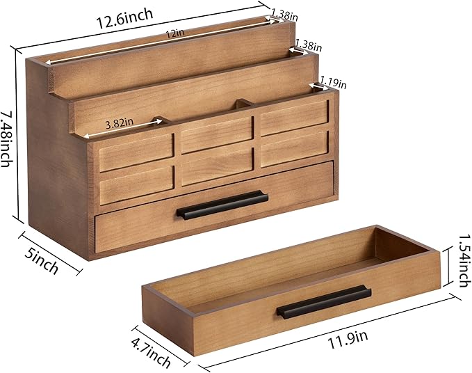 Brown Wood Desk Organizer and Accessories with Drawer, Bill Mail Organizer and File Mail Holder for Office Supplies, Rustic Desk Accessories & Workspace Organizers-NeatNest