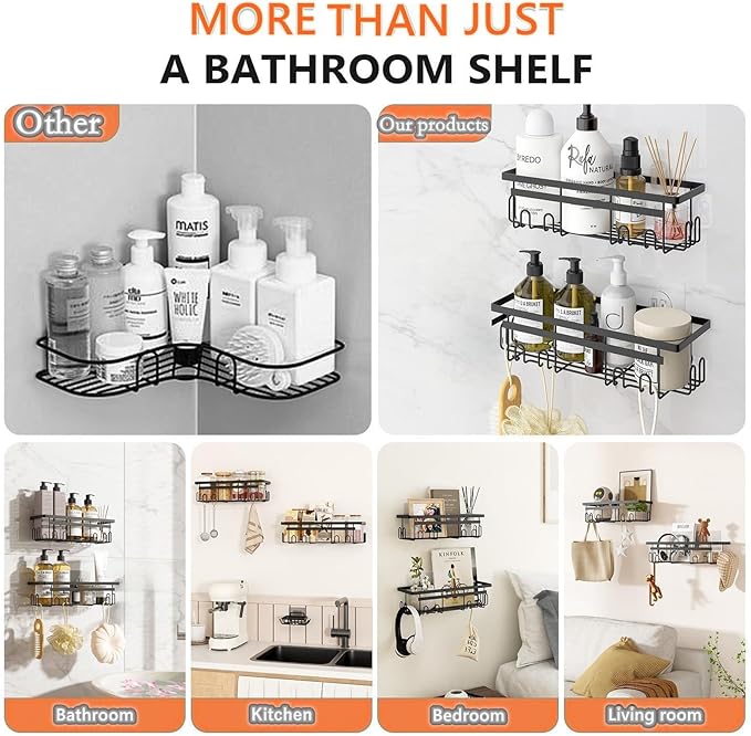 Self Adhesive Shower Caddy, 2-Pack No Drilling Rustproof Bathroom Organizers and Storage with Save Space Hooks, Apartment Essentials for Bathroom, Kitchen & Living Room