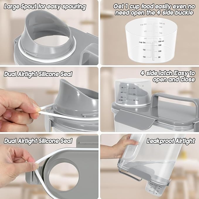 5-7Lbs Dog Cat Food Storage Container with Upgraded Large Nozzle BPA-free, 4 Snap Seals Plastic Pet Food Storage Containers with Handles (1, Light Gray, 5L)-NeatNest