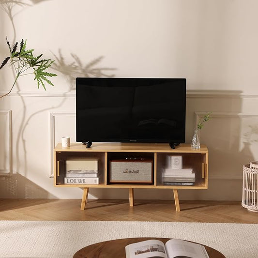Bamboo TV Stand Entertainment Center- Mid-Century Modern Television Stand for 50 inch TVs, Bamboo Media Console Table, Open Storage Shelves for Living Room, Bedroom and Home Decor-NeatNest