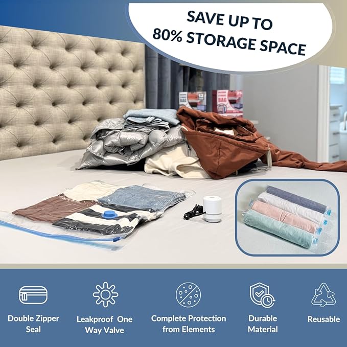 35 Pack Vacuum Storage Bags with Electric Pump, Compression Space Saver for Comforters, Bedding, Blanket Storage, Vacuum Seal Bags for Clothing, Luggage and Closet Organizer-NeatNest