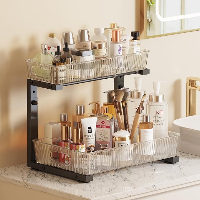 2 Pack Under Sink Organizer, 2-Tier Pull Out Cabinet Organizer, Elegant Acrylic Under Sink Storage Shelf for Kitchen Bathroom Cabinet, L-Shaped Adjustable Height for Maximum Space Efficiency-Black-NeatNest