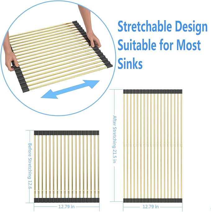 Expandable Large Draining Rack, Roll Up Heat-Resistant Dish Drainer for Stainless Steel Sinks, Collapsible Over The Sink Rack Non-Slip Silicone Rolling Up Rack Gold 18 Tube