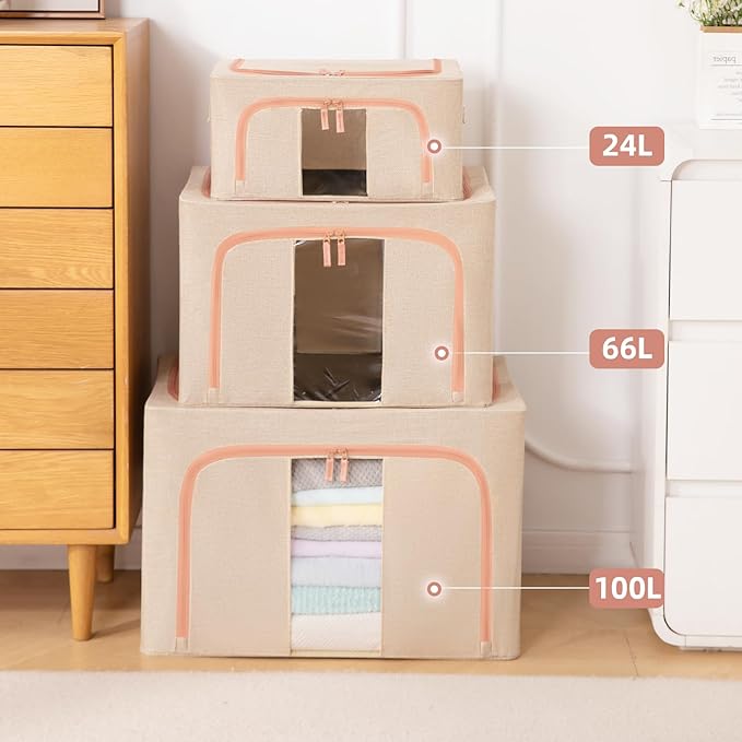 100L Stackable Clothes Storage Bins with Metal Frame Handles & Zipper, Collapsible Closet Organizer Box with Lid for Bedding Blankets Towel (Beige,1 pack)-NeatNest