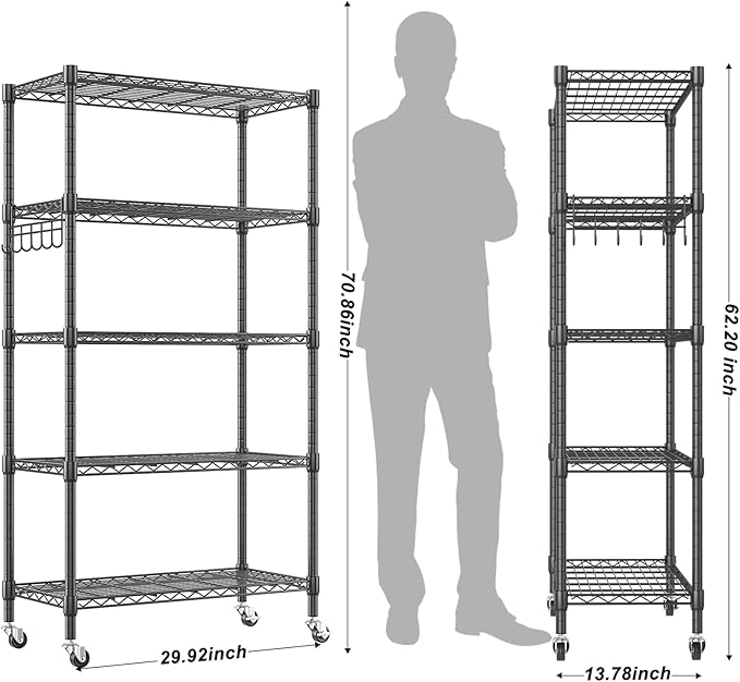 Homdox 5 Tier Metal Storage Shelves with Wheels, Heavy Duty Wire Shelving Unit, Adjustable Storage Racks with Side Hooks for Bathroom Kitchen Garage Pantry Organization, Black-NeatNest