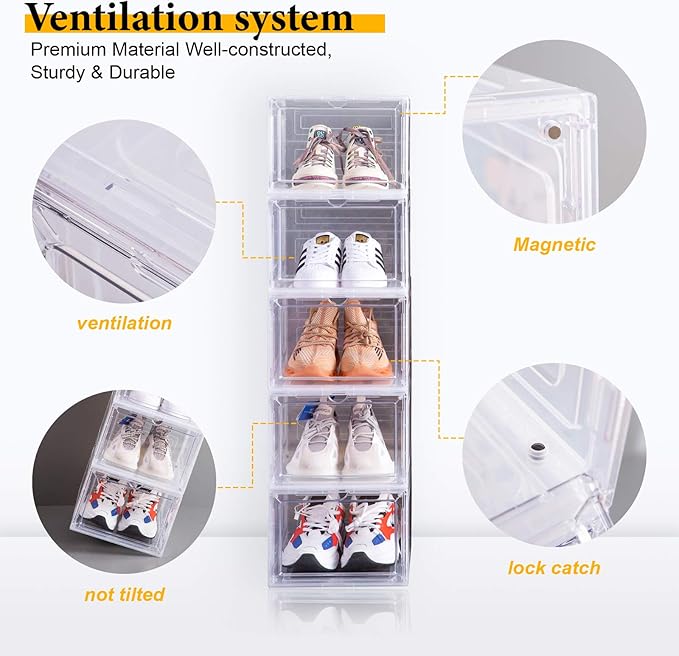 Attelite Upgraded Shoe Storage Box 9 Pack Shoe Box Clear Plastic Stackable X-Large Drop Front Shoe Box with Clear Magnetic Door,Shoe Organizer and Shoe Containers For Sneaker Display