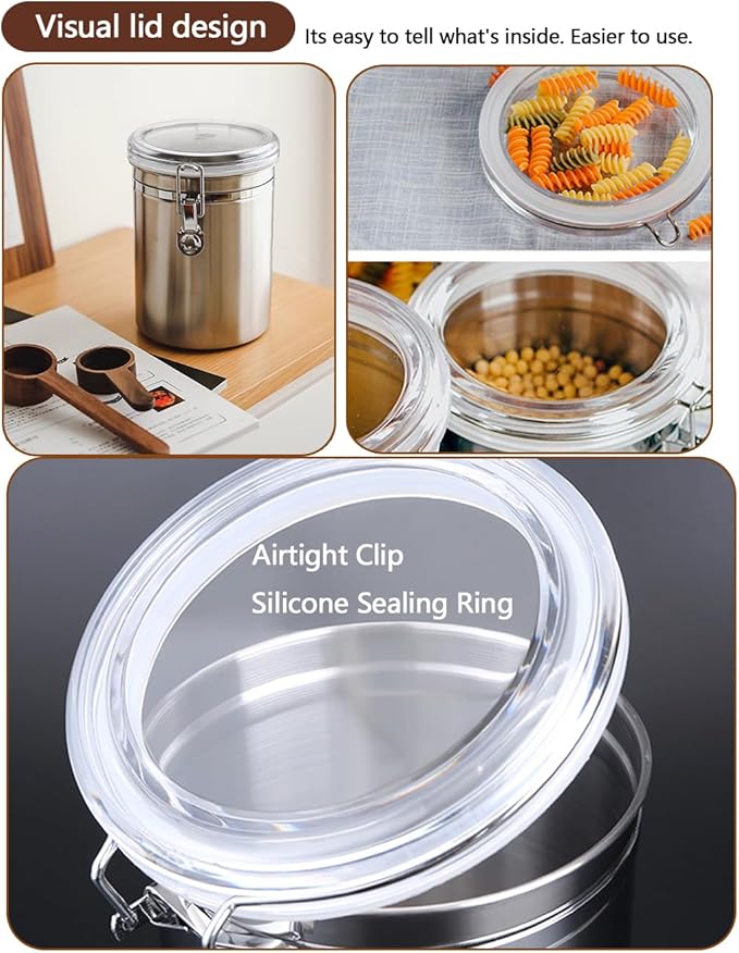 Coffee Canister 4 Pcs Stainless Steel Food Container with Clear Lids Airtight Container Stackable Canisters Kitchen Pantry Storage for Cereal, Snacks, Candy, Herbs, Spices, Sugar, Tea (1.8L Silver-4)-NeatNest