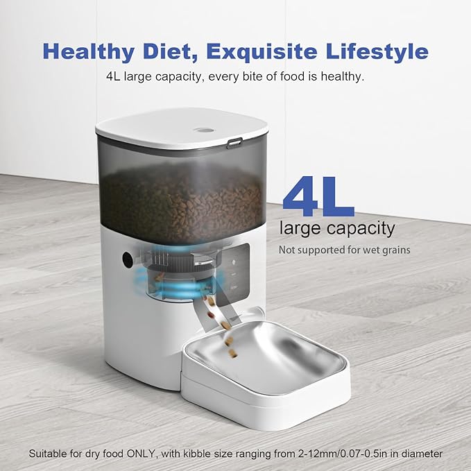 2.4G WiFi Automatic Cat Feeder, 4L Food Dispenser with 10s Voice Recorder, Pet Feeder up to 10 Meals per Day, Timed Cat Feeder with Dry Food Sealed Ring (White, 4L-WiFi)-NeatNest