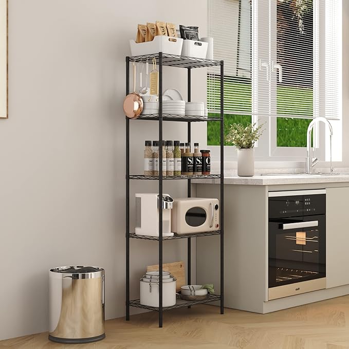 HOMEFORT 5-Shelving Unit, Adjustable Wire Shelving, Metal Wire Shelf Rack Organizer for Kitchen, Pantry, Closet, Bathroom, Laundry, Black,21" W x 11" D x 59" H