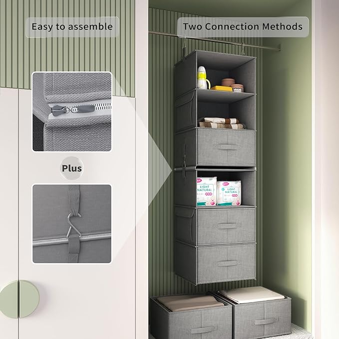 Vailando 6-Tier Hanging Shelves for Closet, Two 3-Shelf Hanging Closet Organizer w/ 4 Side Pockets and 3 Drawers, Combinable for Dorm Wardrobe Organizer and RV Storage and Organization-NeatNest