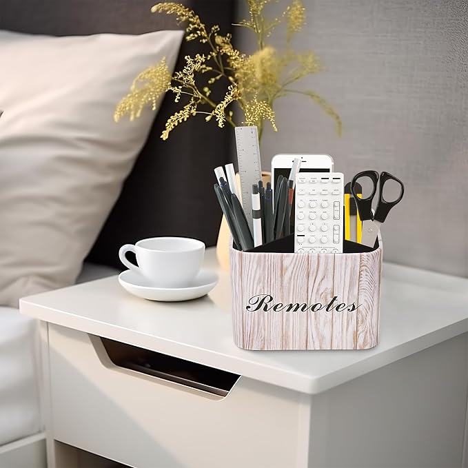 Hennaja Square Leather Art Supply Organizer,Remote Control Holder with Removable Dividers,360°Rotatable Pencil Holders,4 Compartments Organizer for Office Supplies Storage Box(1-Light Grey)-NeatNest