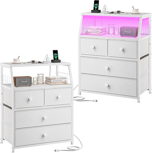 EnHomee Nightstand Set of 2, Night Stand with Charging Station & LED Lights, Bedside Table with 4 Fabric Drawers for Bedroom, Side Table with Outlets and 2 Ports, White